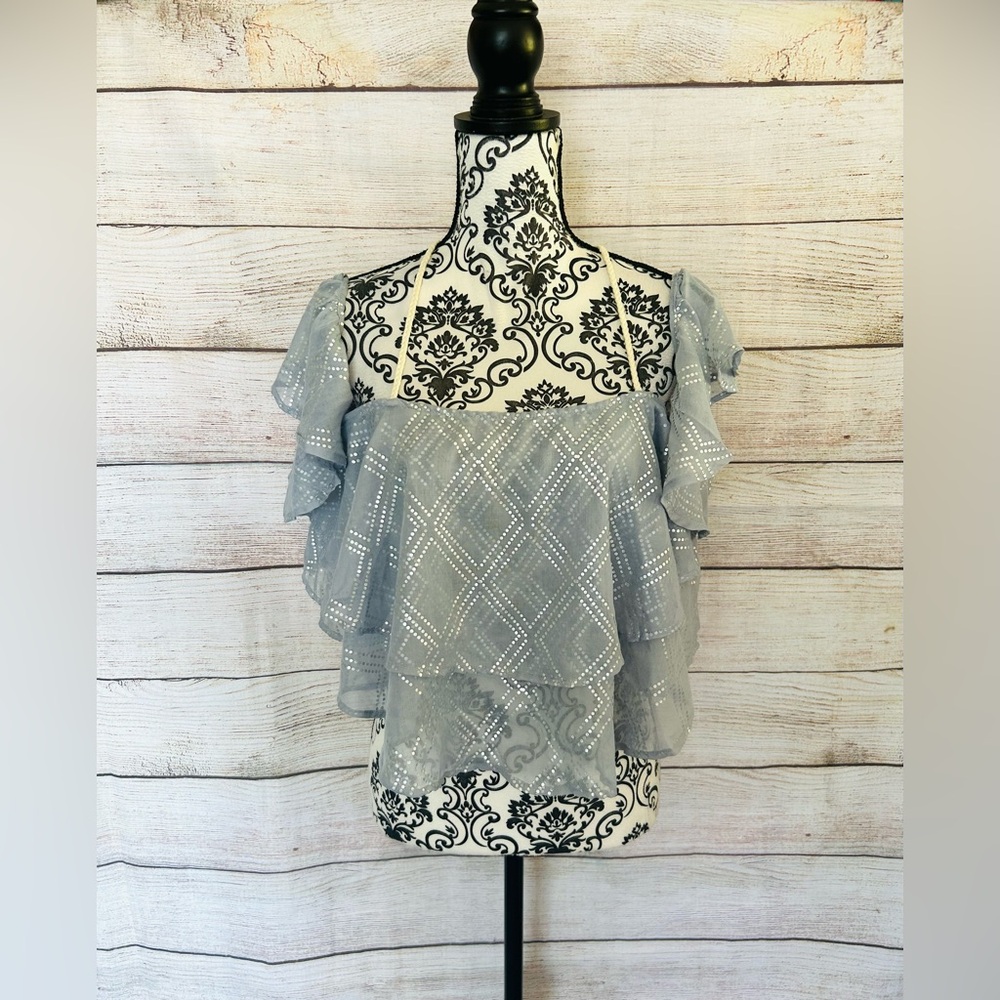 Surf Gypsy Women’s Light Blue Off Shoulder Metallic Dotted Tiered Ruffle Top NWT